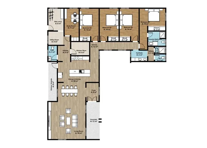 Denah Rumah Minimalis 3 Kamar Bentuk L-Shape